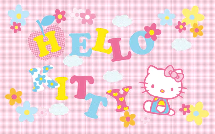 HD desktop wallpaper featuring Hello Kitty with colorful Hello Kitty text and playful flower designs on a pink polka-dot background.