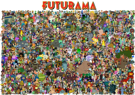 4K Ultra HD Futurama wallpaper featuring characters Fry, Leela, Bender, and many others from the iconic TV show in a vibrant, detailed collage.