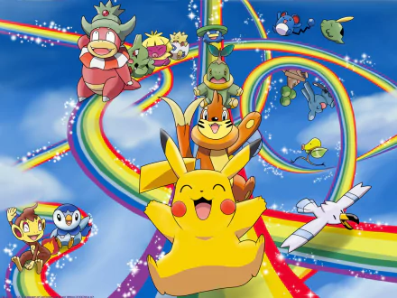 An HD desktop wallpaper featuring Pokémon characters, including Pikachu and Piplup, in an animated scene with rainbows and a blue sky background.