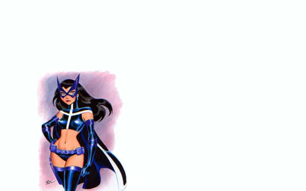A vibrant HD wallpaper of Huntress from DC Comics, depicted as a confident hunter in a sleek blue costume, poised against a subtle background.