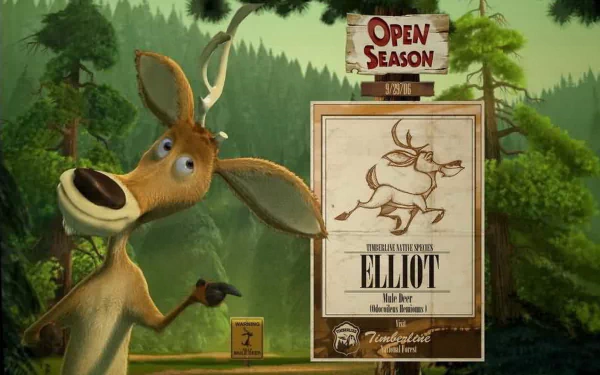HD PC desktop wallpaper from the movie Open Season (2006): Elliot the deer grins beside a forest sign and a wanted poster in a bright woodland scene.