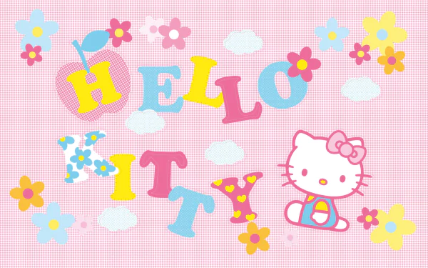 HD desktop wallpaper featuring Hello Kitty with colorful Hello Kitty text and playful flower designs on a pink polka-dot background.