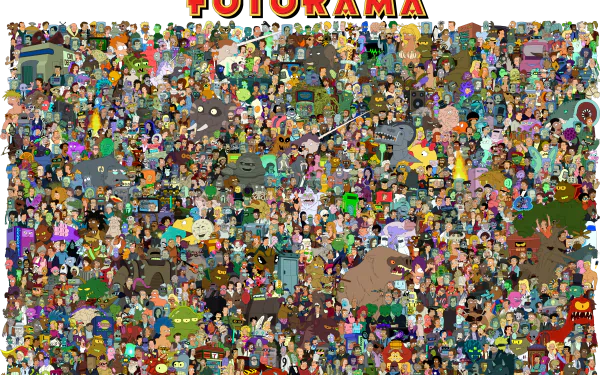 4K Ultra HD Futurama wallpaper featuring characters Fry, Leela, Bender, and many others from the iconic TV show in a vibrant, detailed collage.