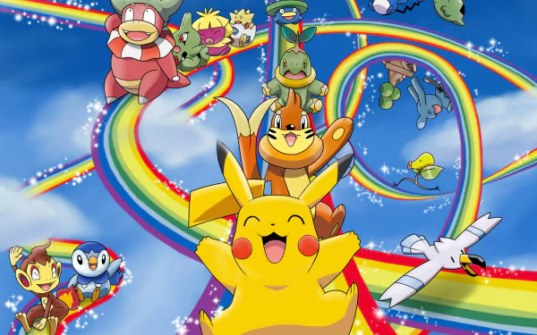 An HD desktop wallpaper featuring Pokémon characters, including Pikachu and Piplup, in an animated scene with rainbows and a blue sky background.