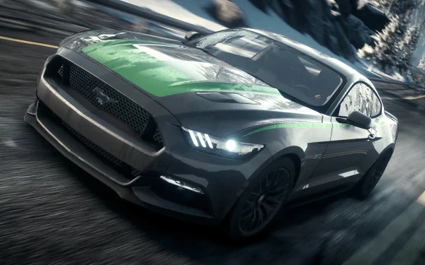 A HD desktop wallpaper from the video game Need For Speed: Rivals, featuring a green and black Ford Mustang speeding on a road with a snowy landscape background.