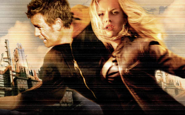 HD PC desktop wallpaper from the movie The Island: a man and woman in a tense action pose, sprinting past a gritty, dystopian cityscape.