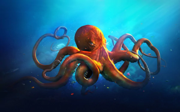 A vibrant octopus floats gracefully in deep blue waters, showcasing its textured skin and expressive eyes, creating an engaging HD desktop wallpaper background.