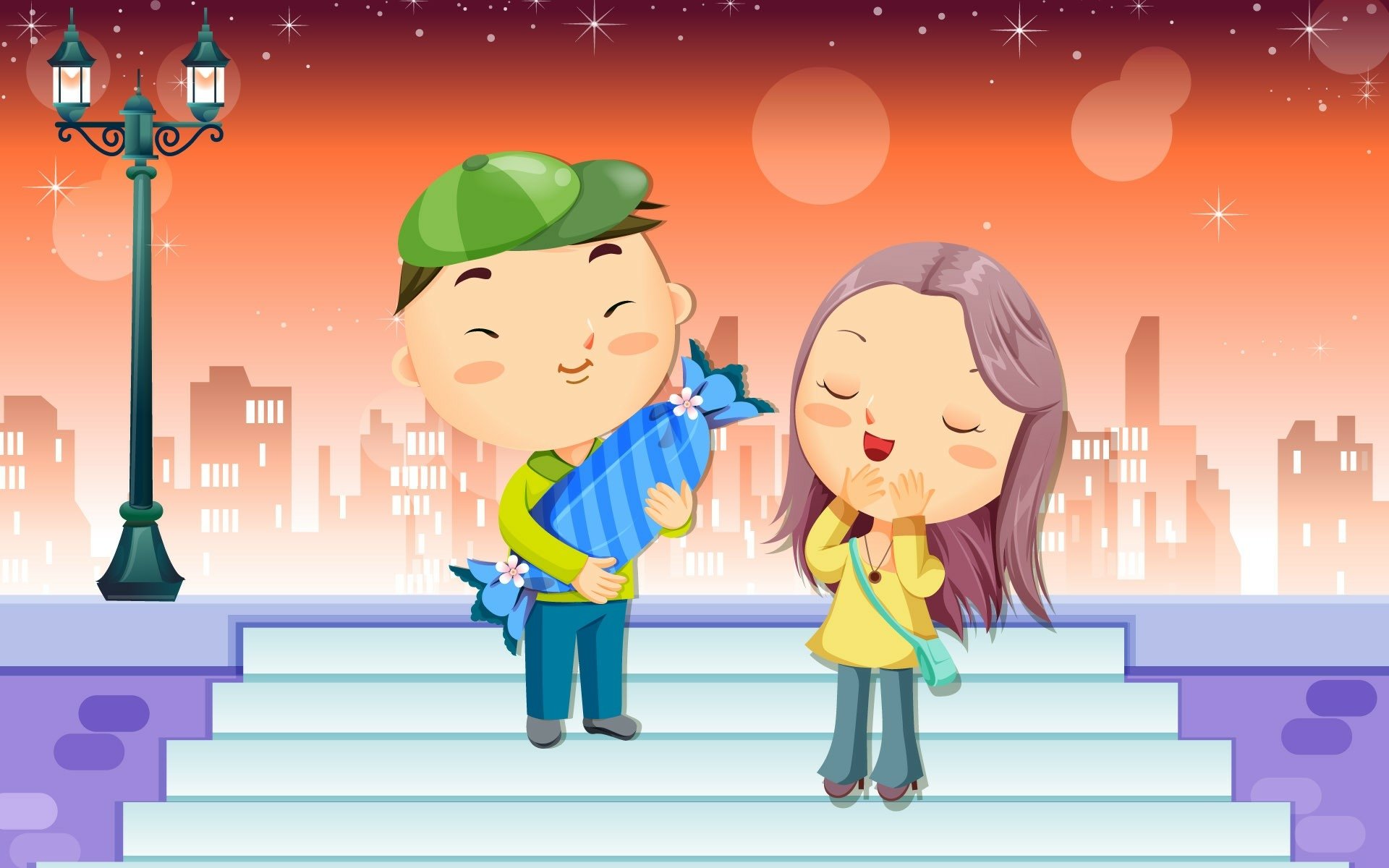 Artistic HD PC desktop wallpaper showing a cute cartoon couple sharing a sweet moment under a streetlamp at sunset, with a cityscape and glowing stars in the background.