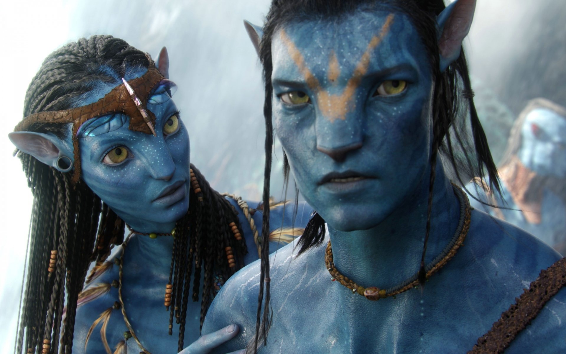 A close-up of two characters from the movie Avatar, showcasing their vibrant blue skin and distinct features. This HD PC desktop wallpaper captures the film's captivating visual style.