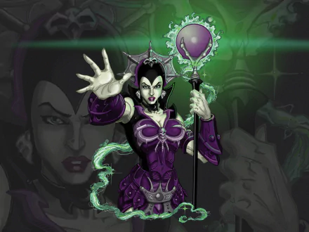 A HD desktop wallpaper featuring an image from the TV Show He-Man and the Masters of the Universe. The character is in a dramatic pose against a green and purple background.