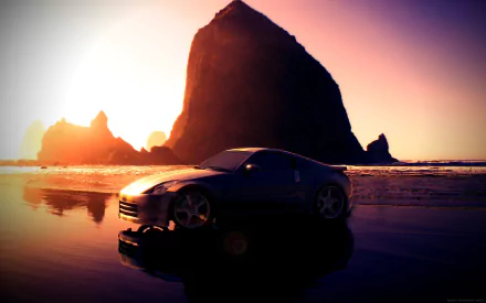 A Nissan 350Z parked on a reflective wet beach at sunset, featuring a dramatic rock formation in the background, rendered as an HD PC desktop wallpaper.