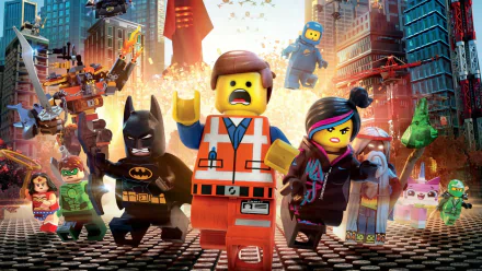 A vibrant HD wallpaper featuring characters from The LEGO Movie, including Emmet, Batman, Wyldstyle, and Unikitty, set against a dynamic cityscape background.