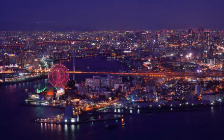 A stunning night view of Osaka, Japan, showcasing its vibrant skyline and man-made structures, with twinkling lights reflecting on the water and a prominent ferris wheel glowing in the foreground.