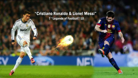 HD desktop wallpaper featuring soccer legends Lionel Messi and Cristiano Ronaldo in action on the field. Text reads Cristiano Ronaldo & Lionel Messi and Legends of Football.