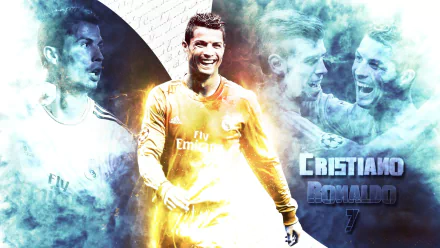 HD desktop wallpaper featuring Cristiano Ronaldo in various Real Madrid C.F. moments, showcasing his iconic number 7 jersey amidst a dynamic, artistic background.