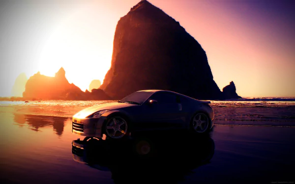 A Nissan 350Z parked on a reflective wet beach at sunset, featuring a dramatic rock formation in the background, rendered as an HD PC desktop wallpaper.