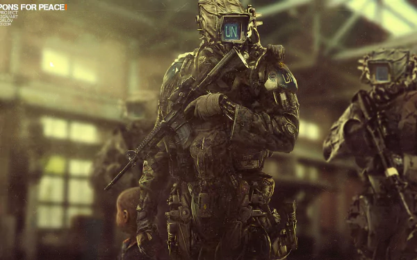 HD desktop wallpaper featuring a sci-fi warrior in armor, standing in an industrial setting with another robotic figure in the background.