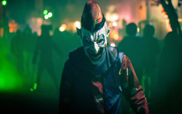 A dark, eerie clown emerges from a foggy scene, surrounded by blurred figures in the background, creating a haunting atmosphere for this HD desktop wallpaper.