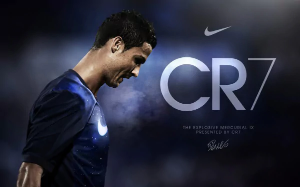 HD desktop wallpaper featuring Cristiano Ronaldo in a Nike shirt with CR7 prominently displayed and the Nike logo in the background. The image exudes a dynamic sports theme.