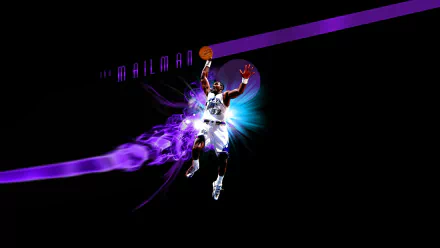 HD PC desktop wallpaper showing a basketball player soaring for a dunk against a purple and black abstract background, sports-themed.