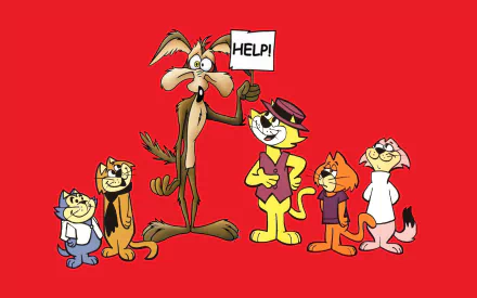 HD PC desktop wallpaper: Wile E. Coyote with five other TV cartoon characters in a playful crossover on a bright red background.