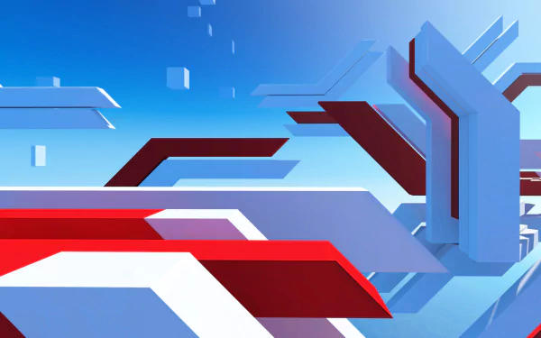 An abstract composition featuring dynamic red and white geometric shapes against a blue backdrop, inspired by the video game Mirror's Edge Catalyst, designed as HD wallpaper.