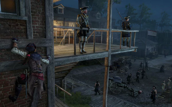 A dramatic HD desktop wallpaper from Assassin's Creed III: Liberation, featuring a stealthy character climbing a building as soldiers patrol below at night.