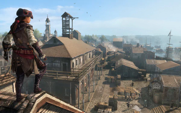 An HD wallpaper from Assassin's Creed III: Liberation, featuring a character overlooking a vibrant port town with ships and buildings under a clear blue sky.