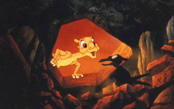 HD PC desktop wallpaper: scene from the movie The Land Before Time showing a young dinosaur peering out of a rocky cave into warm orange light.