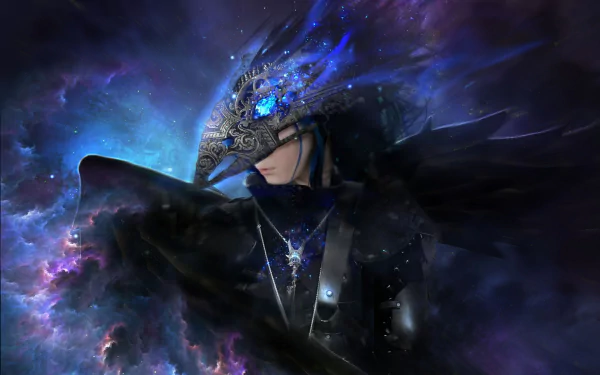 HD desktop wallpaper of a fantastical angel in dark attire with cosmic wings, set against a starry, nebulous background.