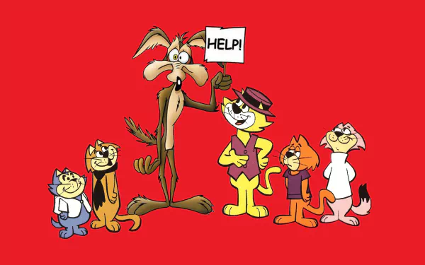 HD PC desktop wallpaper: Wile E. Coyote with five other TV cartoon characters in a playful crossover on a bright red background.
