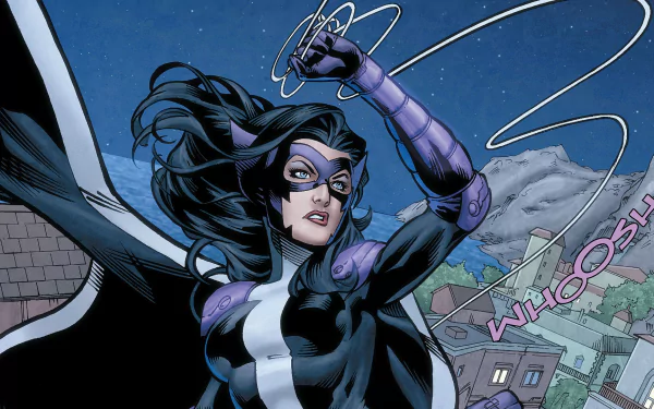 Huntress from DC Comics stands poised in an action shot, with her signature weapon ready, set against a nighttime backdrop, capturing the essence of Earth 2 in this vibrant HD wallpaper.