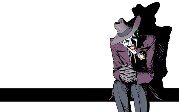 A striking HD wallpaper featuring the Joker from Batman: The Killing Joke, showcasing his iconic purple suit and sinister demeanor against a minimalist background.