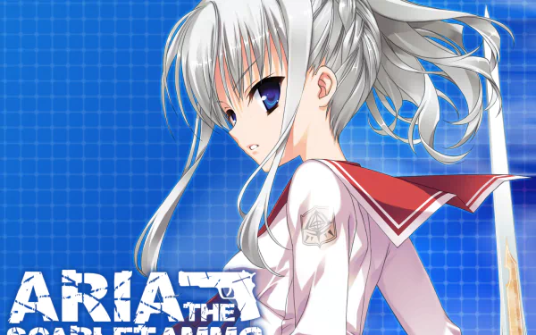 HD PC desktop wallpaper featuring an anime character from Aria the Scarlet Ammo with silver hair and a red and white school uniform against a blue grid background.