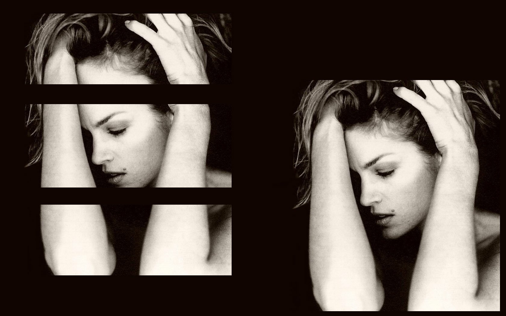 HD desktop wallpaper featuring a black-and-white artistic portrait of celebrity Cindy Crawford with her hands in her hair against a dark background.