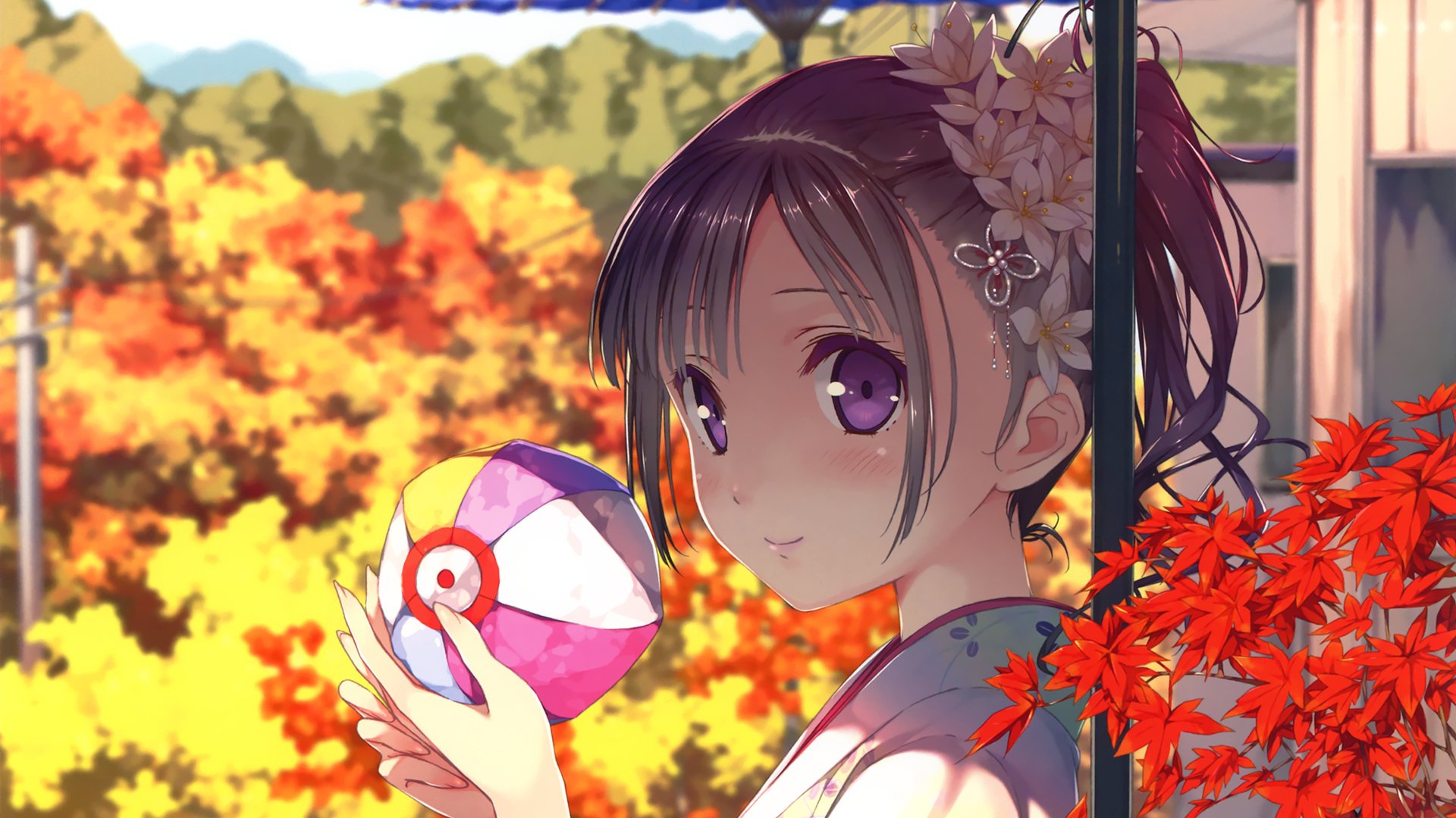 HD desktop wallpaper of a cute anime girl with purple eyes, wearing Japanese clothes and holding a colorful ball, surrounded by vibrant autumn maple leaves.