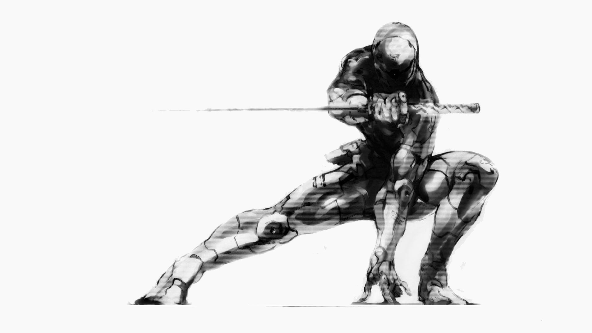 HD PC desktop wallpaper featuring stylized black-and-white art of a Metal Gear Solid character crouching with a sword drawn.