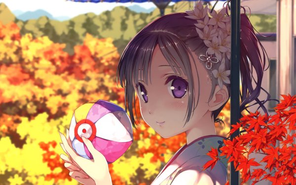 Anime Girl Cute Maple Leaf Ball Purple Eyes Japanese Clothes HD Wallpaper | Background Image