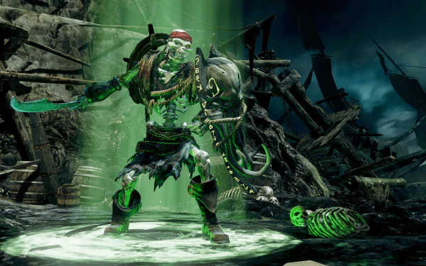 A vibrant HD desktop wallpaper from the video game Killer Instinct, featuring a skeletal pirate character wielding a sword and shield, set against a dramatic, dark background.