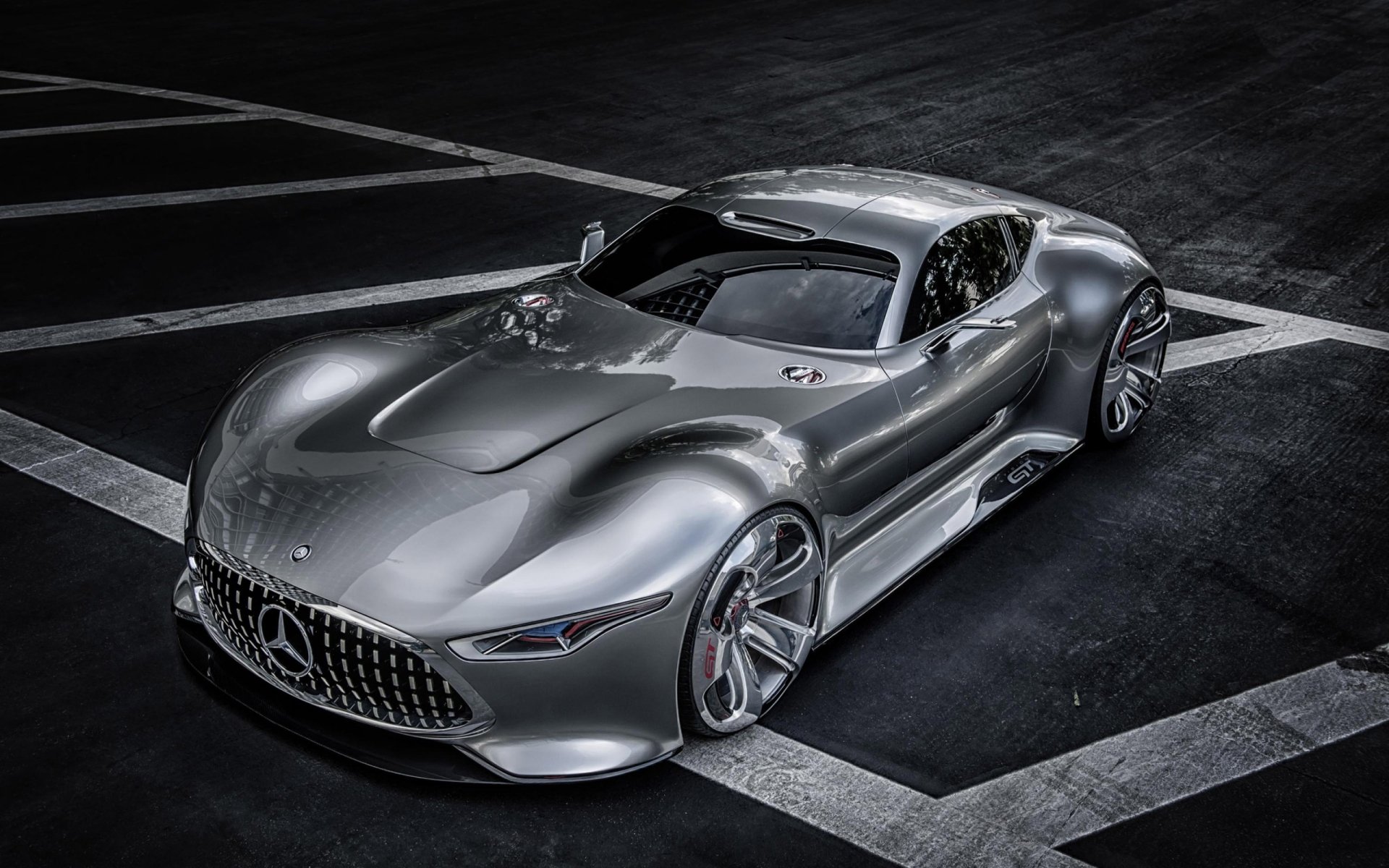 Silver Mercedes-AMG GT Mercedes-Benz AMG Vision Gran Turismo car showcased as a high-definition PC desktop wallpaper and background.