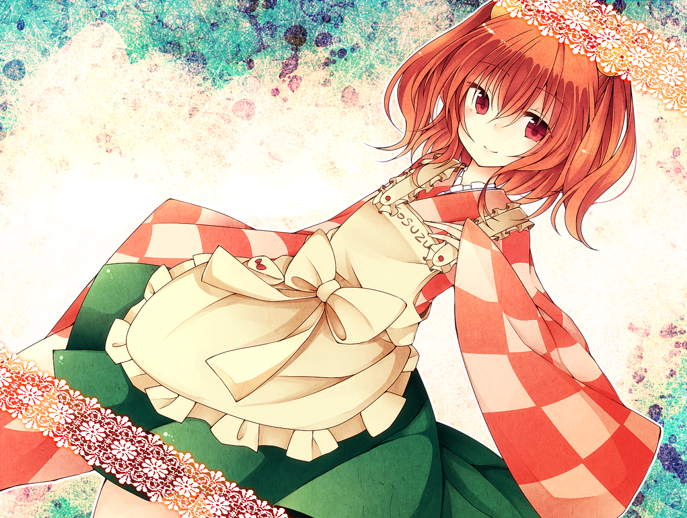 HD anime desktop wallpaper featuring Kosuzu Motoori from Touhou, showcasing her with red hair, a checkered kimono sleeve, and a cream apron against a floral background.