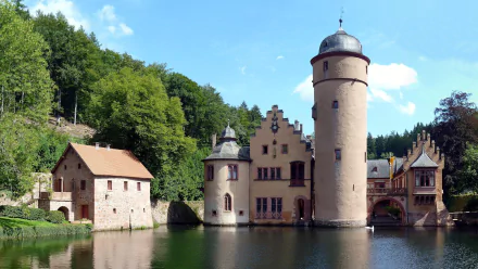 Mespelbrunn Castle in Germany, a historic man-made fortress surrounded by water and lush greenery under a clear blue sky, shown in HD desktop wallpaper quality.