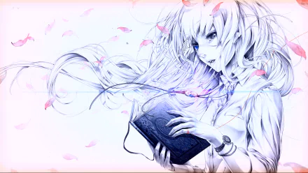 HD wallpaper of an anime character with long hair and an eye patch, gently holding a book, surrounded by floating petals, depicting serenity and mystery.