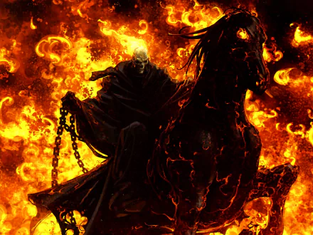 Dynamic HD wallpaper featuring Ghost Rider, soaring dramatically on a fiery horse amidst a backdrop of blazing flames and intense energy.
