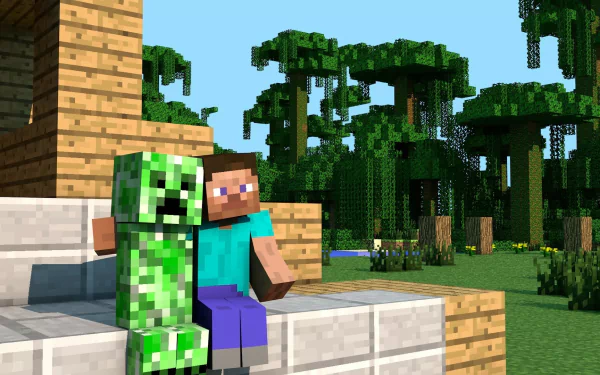 HD Minecraft wallpaper featuring a scene with a player and a creeper sitting together on a bench, set against a backdrop of lush jungle trees.