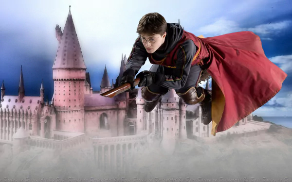 HD desktop wallpaper featuring Daniel Radcliffe as Harry Potter, flying on a broomstick, with Hogwarts Castle in the background.