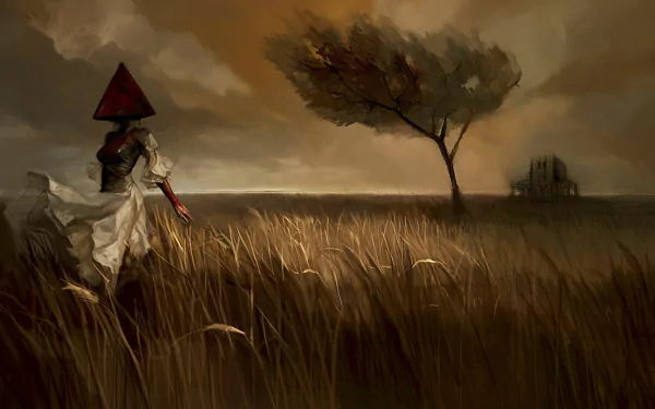 Impressionism-style HD PC desktop wallpaper and background: artistic woman in a flowing white dress and conical hat walks through a windswept golden field toward a lone tree under a moody sky.