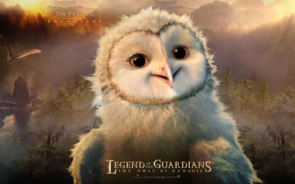 HD desktop wallpaper featuring a close-up of a young owl from the movie Legend of the Guardians: The Owls of Ga'Hoole, set against a misty forest background.