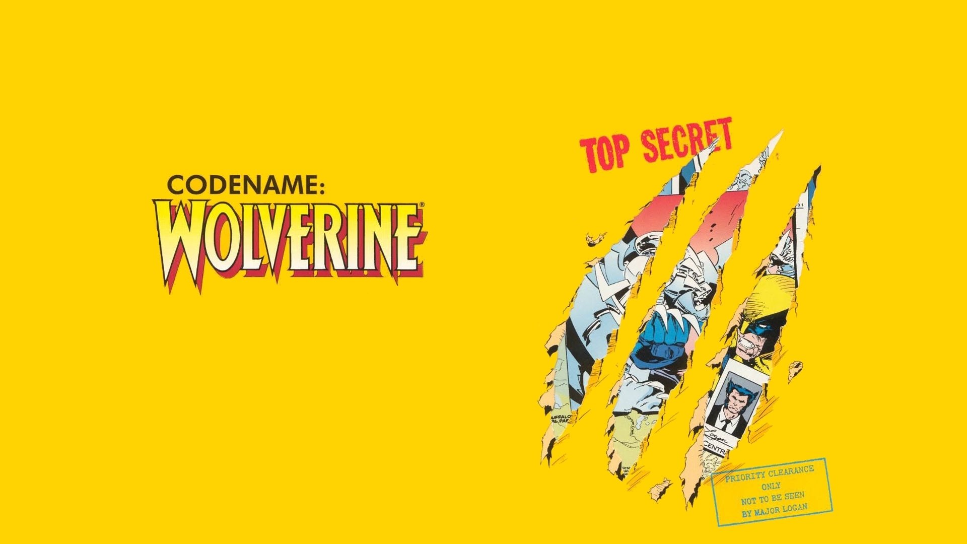 HD PC desktop wallpaper featuring the comic character Wolverine with Codename: Wolverine text and claw marks revealing comic panels on a bright yellow background.