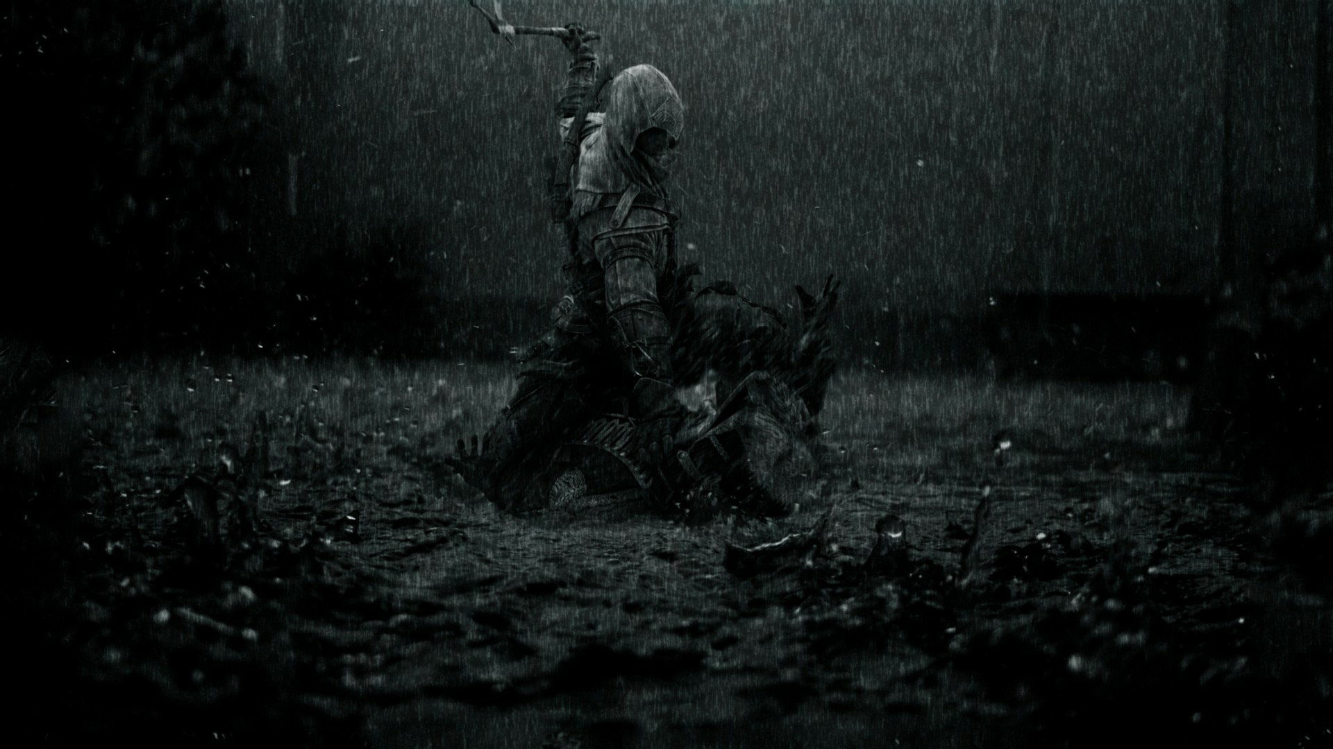HD PC desktop wallpaper featuring a dark, rainy scene from the Assassin's Creed video game, showing a hooded character kneeling amid rain and shadows.
